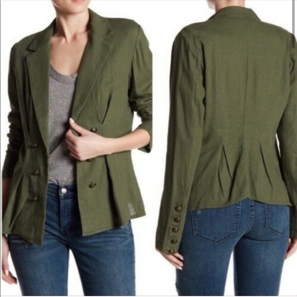 Free people cinched waist button detail olive army green linen blazer size xs - Picture 2 of 16
